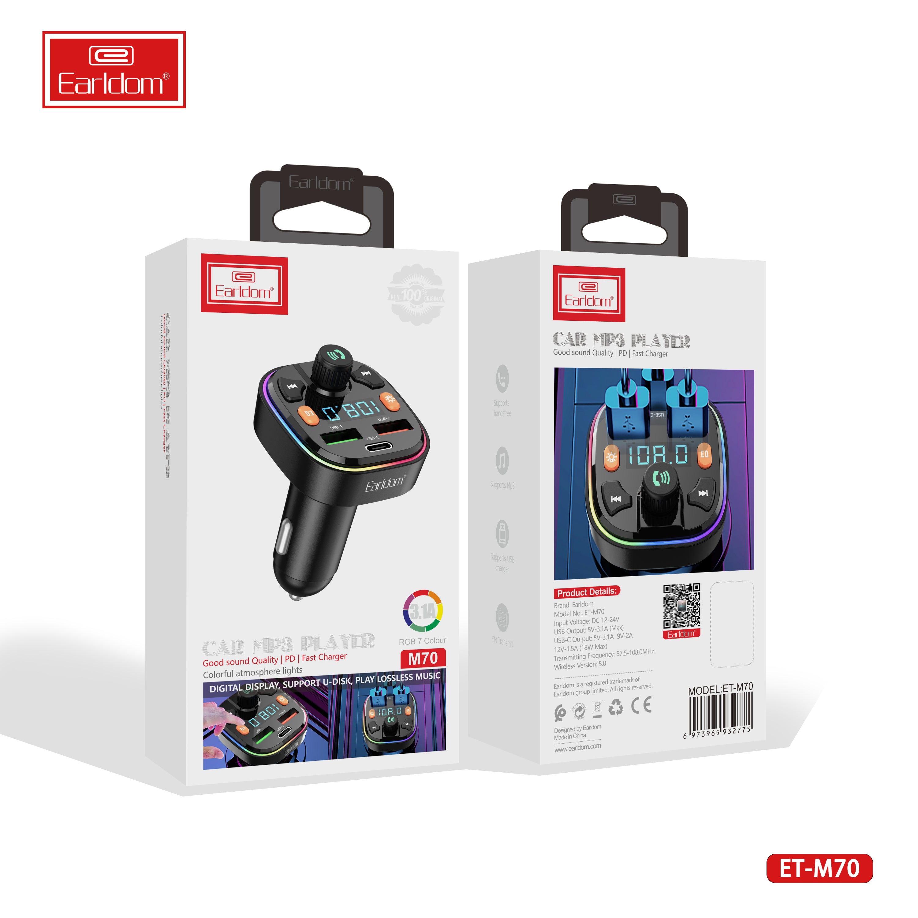 ET-M70 FM Transmitter Bluetooth Car kit with Type C to C Charger ET-M70 FM Transmitter Bluetooth Car kit with Type C to C Charger